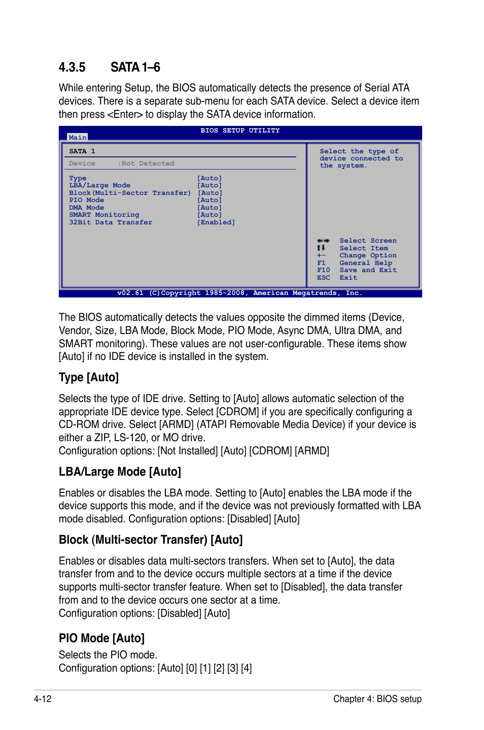 5 sata 1–6, Sata 1–6 -12, Type [auto | Lba/large mode [auto, Block (multi-sector transfer) [auto, Pio mode [auto | Asus P5E Deluxe User Manual | Page 78 / 174