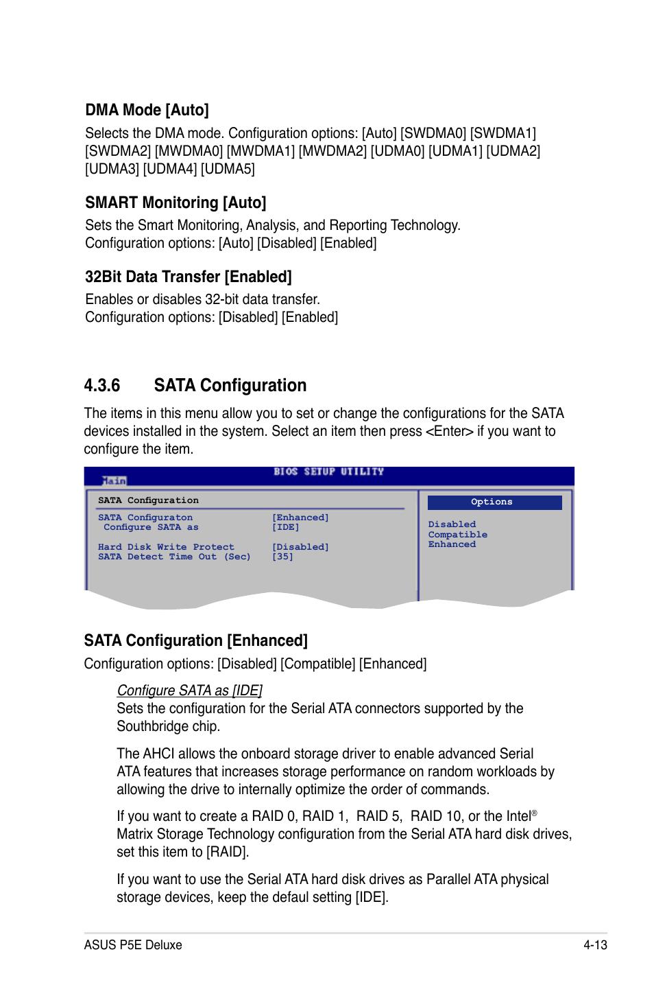 6 sata configuration, Sata configuration -13, Dma mode [auto | Smart monitoring [auto, 32bit data transfer [enabled, Sata configuration [enhanced | Asus P5E Deluxe User Manual | Page 79 / 174