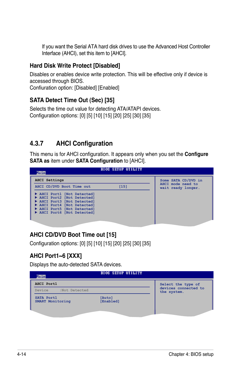 7 ahci configuration, Ahci configuration -14, Hard disk write protect [disabled | Sata detect time out (sec) [35, Ahci cd/dvd boot time out [15, Ahci port1~6 [xxx, Displays the auto-detected sata devices | Asus P5E Deluxe User Manual | Page 80 / 174