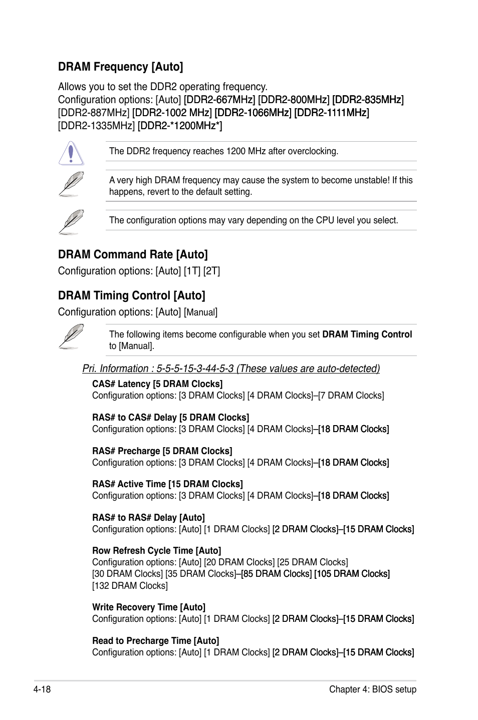 Dram frequency [auto, Dram command rate [auto, Dram timing control [auto | Asus P5E Deluxe User Manual | Page 84 / 174