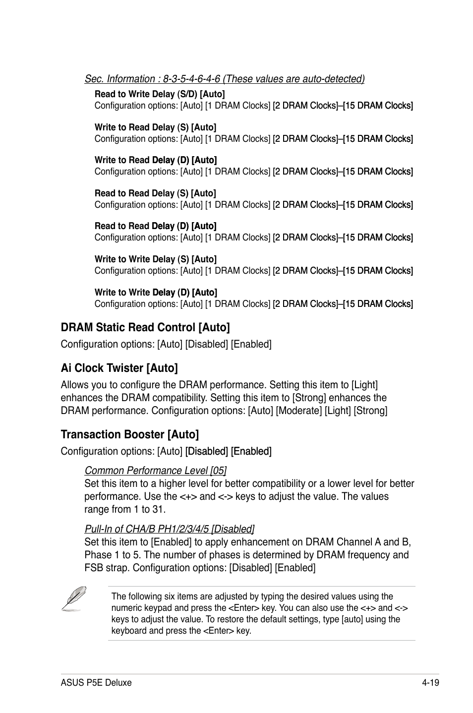 Dram static read control [auto, Ai clock twister [auto, Transaction booster [auto | Asus P5E Deluxe User Manual | Page 85 / 174