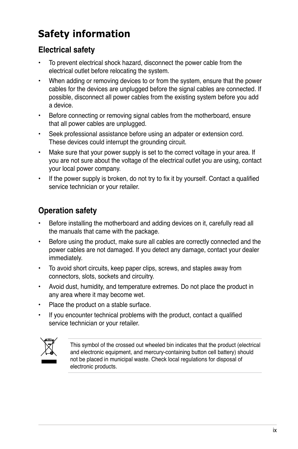 Safety information, Electrical safety, Operation safety | Asus P5E Deluxe User Manual | Page 9 / 174