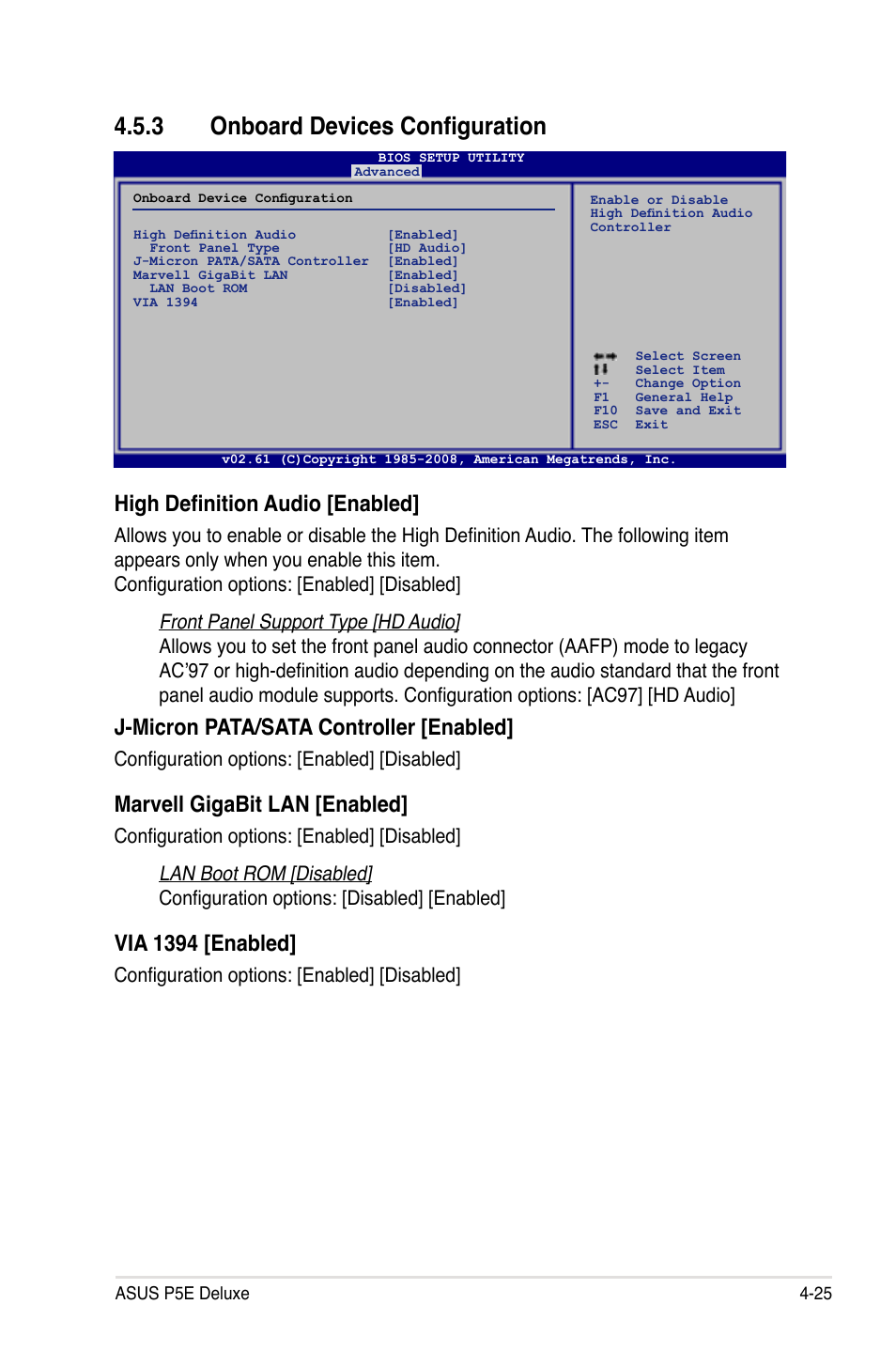 3 onboard devices configuration, Onboard devices configuration -25, High definition audio [enabled | J-micron pata/sata controller [enabled, Marvell gigabit lan [enabled, Via 1394 [enabled, Configuration options: [enabled] [disabled | Asus P5E Deluxe User Manual | Page 91 / 174