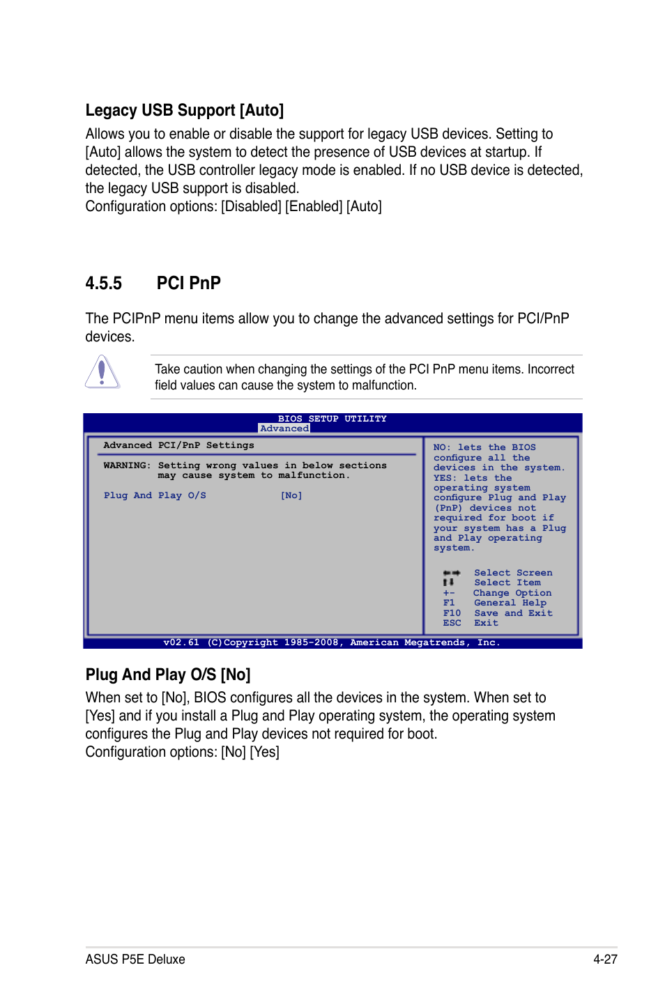 5 pci pnp, Pci pnp -27, Legacy usb support [auto | Plug and play o/s [no | Asus P5E Deluxe User Manual | Page 93 / 174