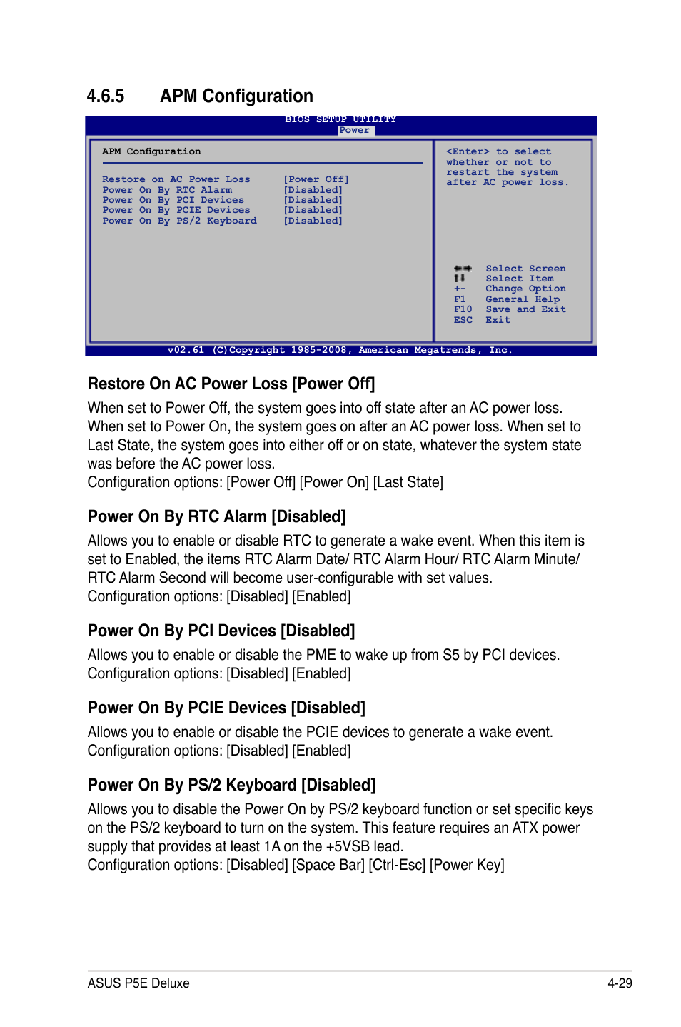 5 apm configuration, Apm configuration -29, Restore on ac power loss [power off | Power on by rtc alarm [disabled, Power on by pci devices [disabled, Power on by pcie devices [disabled, Power on by ps/2 keyboard [disabled | Asus P5E Deluxe User Manual | Page 95 / 174