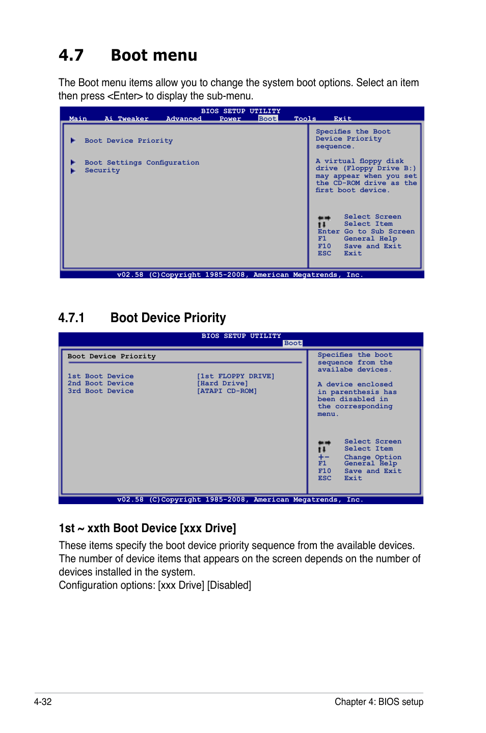 7 boot menu, 1 boot device priority, Boot menu -32 4.7.1 | Boot device priority -32, 1st ~ xxth boot device [xxx drive | Asus P5E Deluxe User Manual | Page 98 / 174