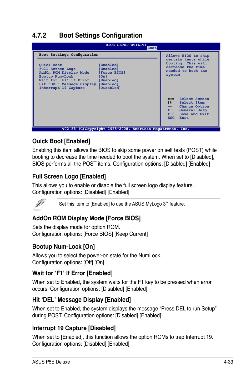 2 boot settings configuration, Boot settings configuration -33, Quick boot [enabled | Full screen logo [enabled, Addon rom display mode [force bios, Bootup num-lock [on, Wait for ‘f1’ if error [enabled, Hit ‘del’ message display [enabled, Interrupt 19 capture [disabled | Asus P5E Deluxe User Manual | Page 99 / 174