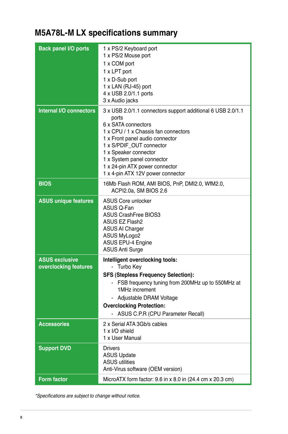 M5a78l-m lx specifications summary | Asus M5A78L-M LX User Manual | Page 10 / 64