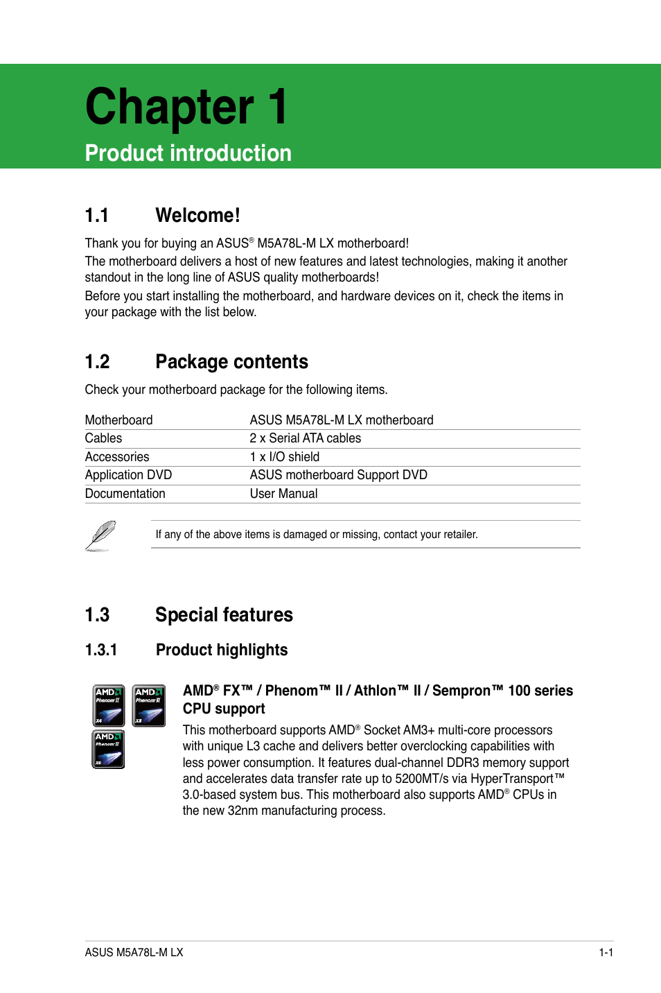 Chapter 1, Product introduction, 1 welcome | 2 package contents, 3 special features, 1 product highlights, Welcome! -1, Package contents -1, Special features -1 1.3.1, Product highlights -1 | Asus M5A78L-M LX User Manual | Page 11 / 64