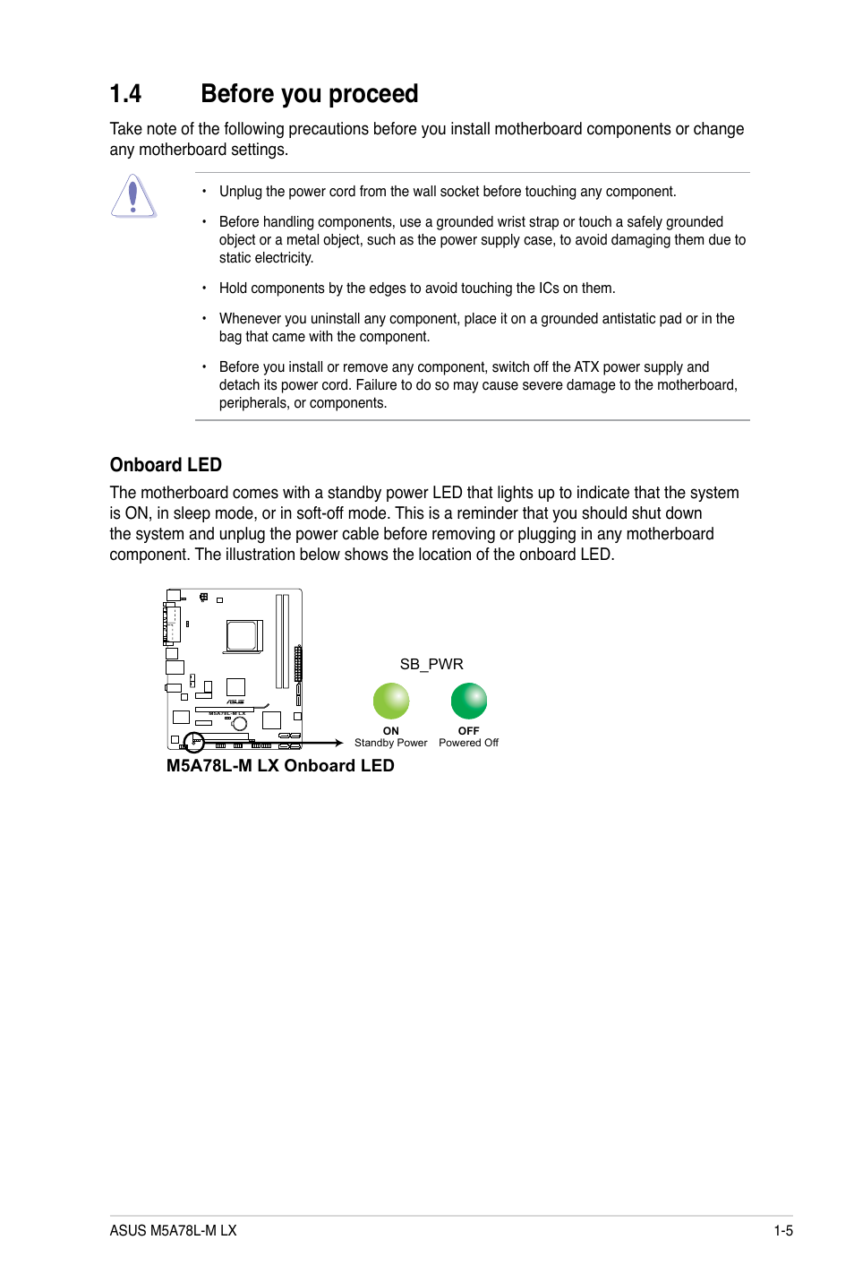 4 before you proceed, Before you proceed -5, Onboard led | Asus M5A78L-M LX User Manual | Page 15 / 64