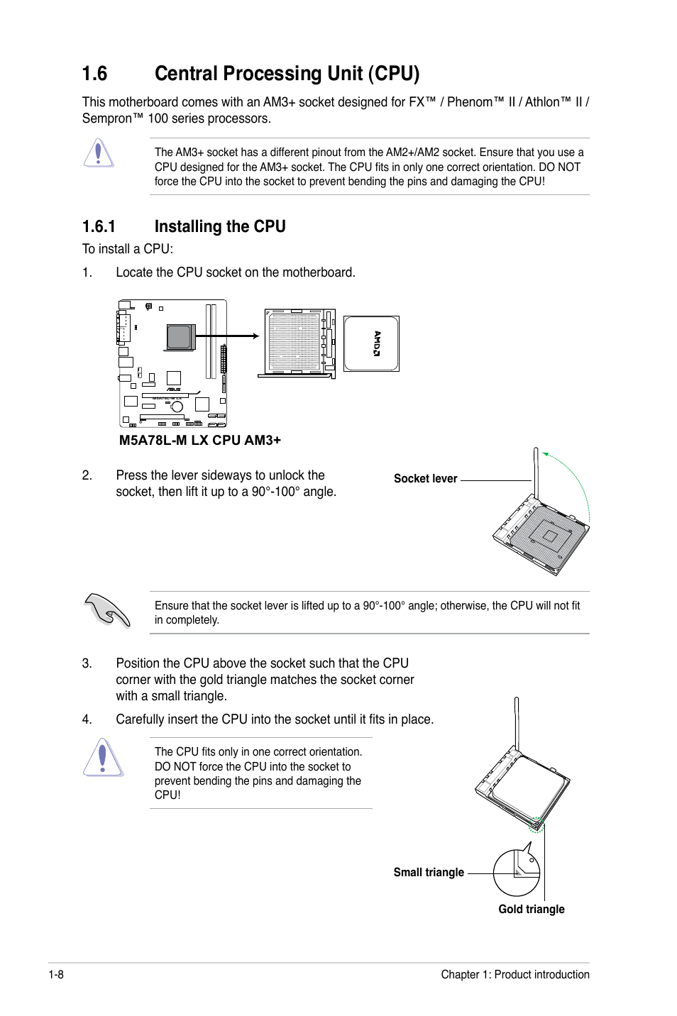 6 central processing unit (cpu), 1 installing the cpu, Central processing unit (cpu) -8 1.6.1 | Installing the cpu -8 | Asus M5A78L-M LX User Manual | Page 18 / 64