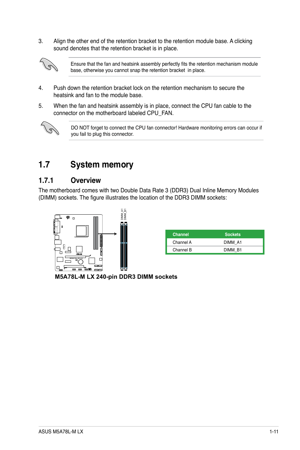 7 system memory, 1 overview, System memory -11 1.7.1 | Overview -11 | Asus M5A78L-M LX User Manual | Page 21 / 64