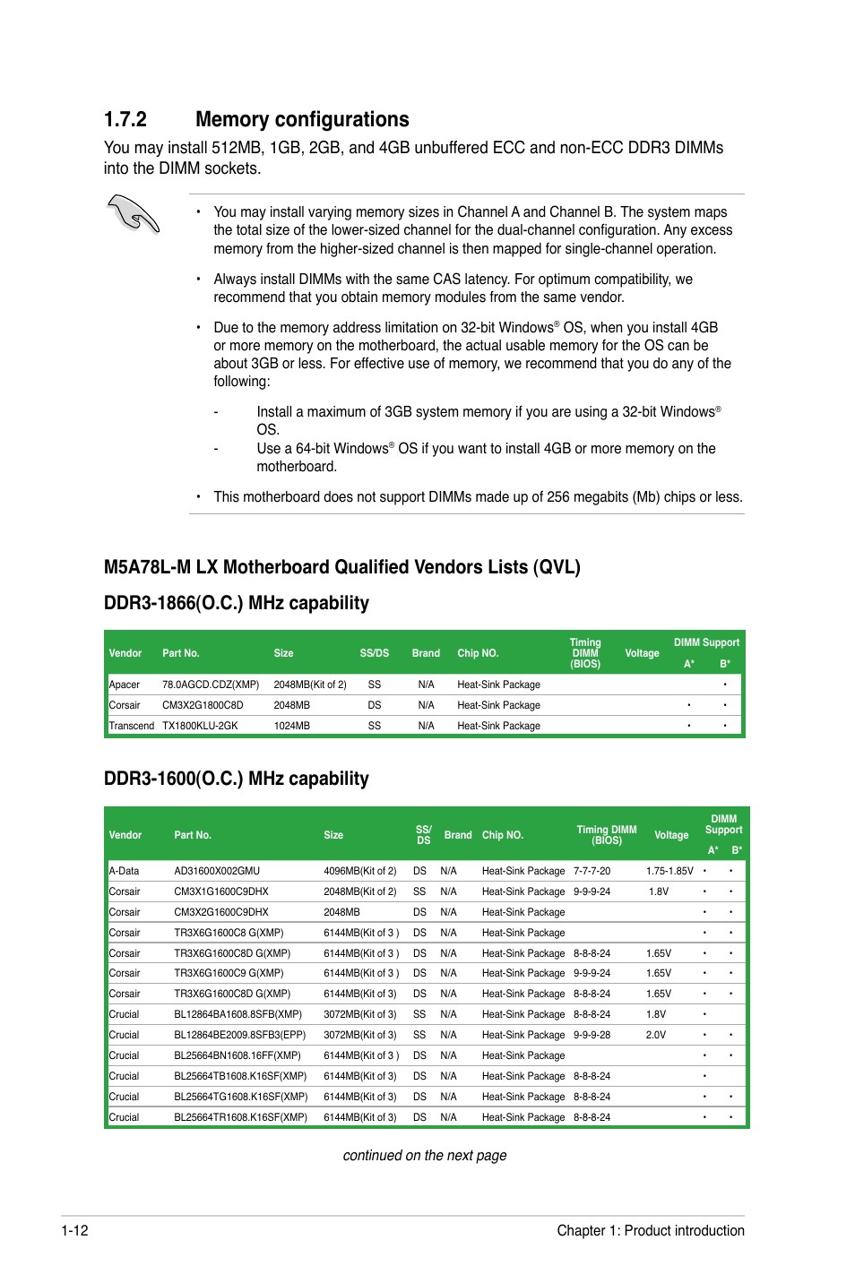 2 memory configurations, Memory configurations -12, Continued on the next page | Asus M5A78L-M LX User Manual | Page 22 / 64