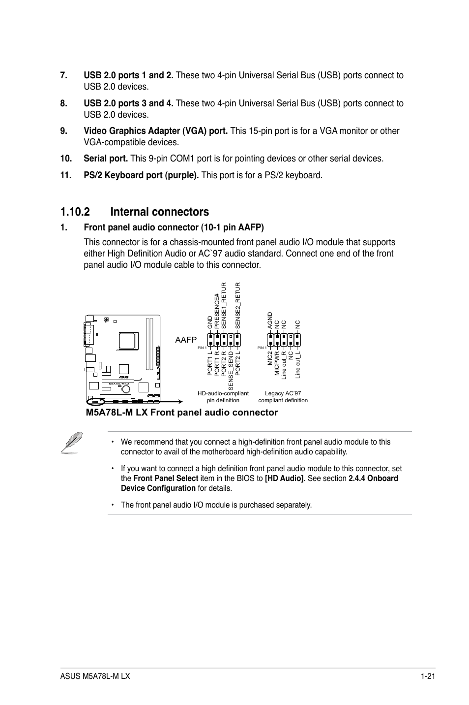 2 internal connectors, 2 internal connectors -21, M5a78l-m lx | M5a78l-m lx front panel audio connector | Asus M5A78L-M LX User Manual | Page 31 / 64