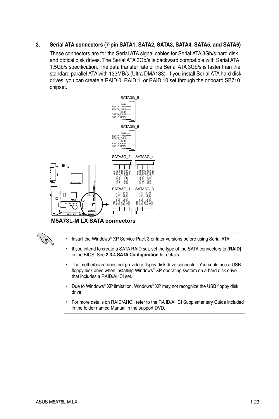 M5a78l-m lx sata connectors, Install the windows, Xp limitation, windows | Asus M5A78L-M LX User Manual | Page 33 / 64