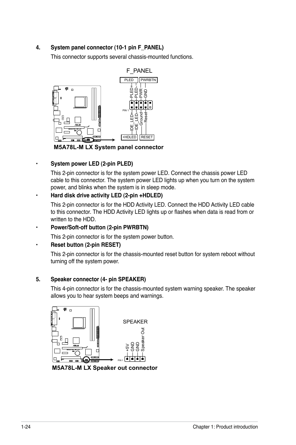 F_panel, M5a78l-m lx speaker out connector | Asus M5A78L-M LX User Manual | Page 34 / 64