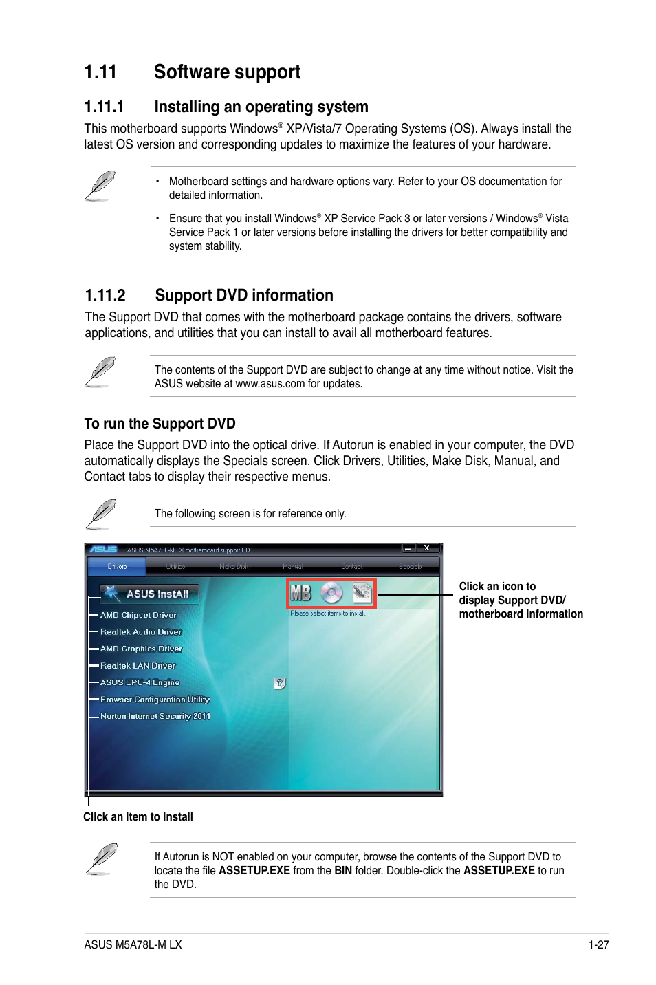 11 software support, 1 installing an operating system, 2 support dvd information | 11 software support -27 | Asus M5A78L-M LX User Manual | Page 37 / 64