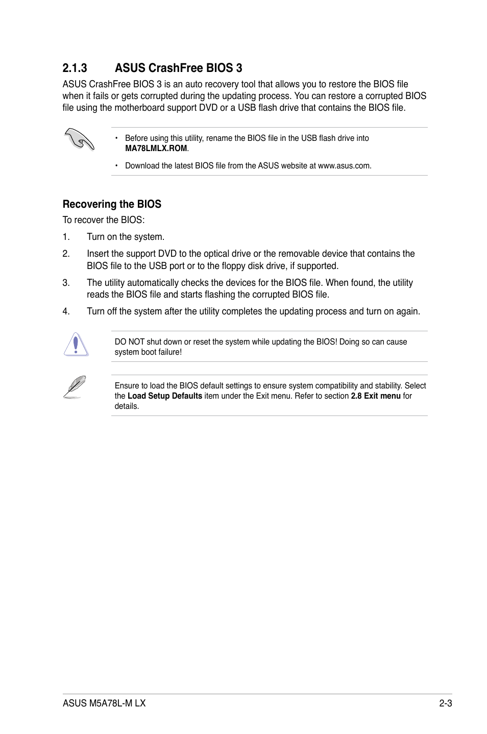 3 asus crashfree bios 3, Asus crashfree bios 3 -3 | Asus M5A78L-M LX User Manual | Page 41 / 64