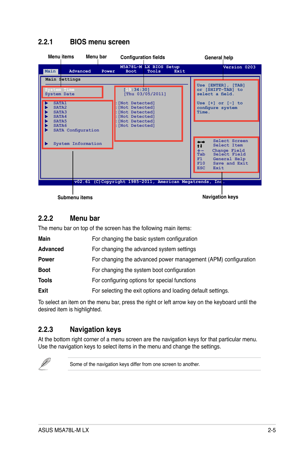 1 bios menu screen, 2 menu bar, 3 navigation keys | Bios menu screen -5, Menu bar -5, Navigation keys -5, 1 bios menu screen 2.2.2 menu bar | Asus M5A78L-M LX User Manual | Page 43 / 64