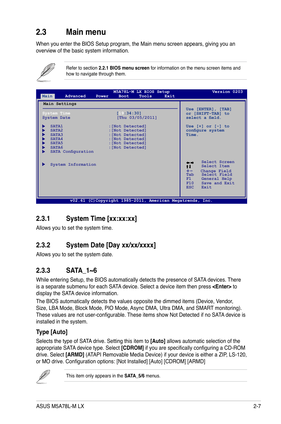 3 main menu, 1 system time [xx:xx:xx, 2 system date [day xx/xx/xxxx | 3 sata_1~6, Main menu -7 2.3.1, System time [xx:xx:xx] -7, System date [day xx/xx/xxxx] -7, Sata_1~6 -7, Type [auto | Asus M5A78L-M LX User Manual | Page 45 / 64