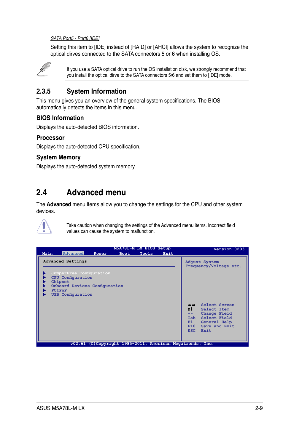 5 system information, 4 advanced menu, System information -9 | Advanced menu -9, Bios information, Processor | Asus M5A78L-M LX User Manual | Page 47 / 64