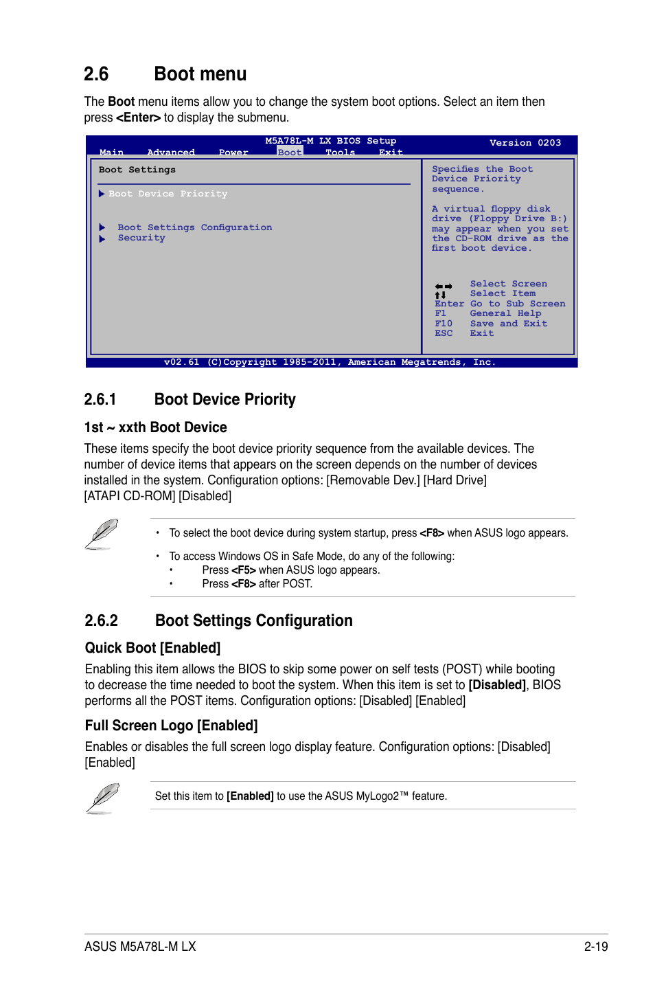 6 boot menu, 1 boot device priority, 2 boot settings configuration | Boot menu -19 2.6.1, Boot device priority -19, Boot settings configuration -19, 1st ~ xxth boot device, Quick boot [enabled, Full screen logo [enabled | Asus M5A78L-M LX User Manual | Page 57 / 64