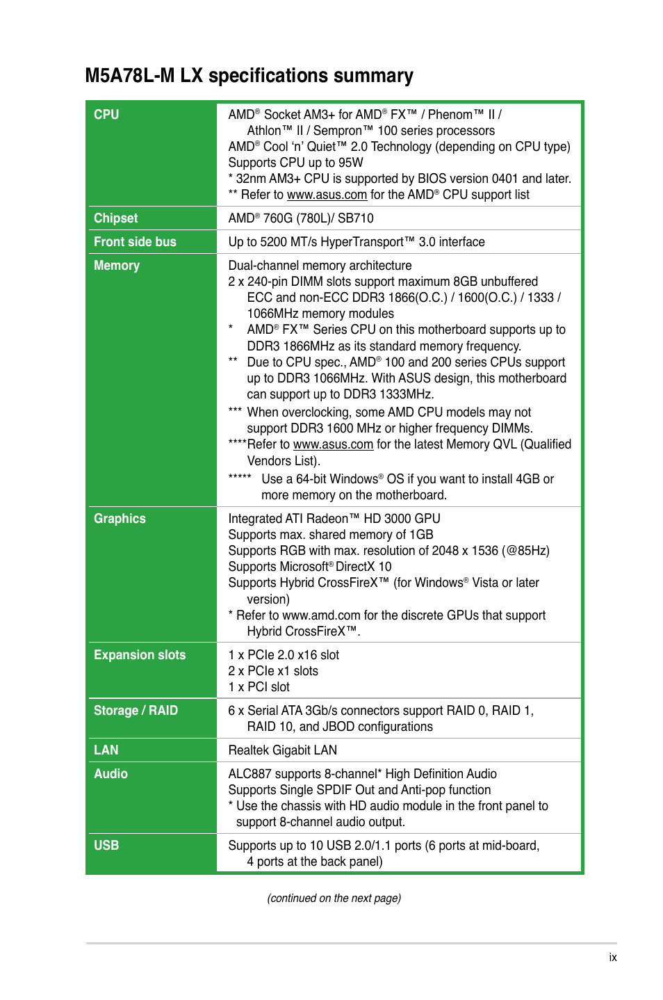 M5a78l-m lx specifications summary | Asus M5A78L-M LX User Manual | Page 9 / 64