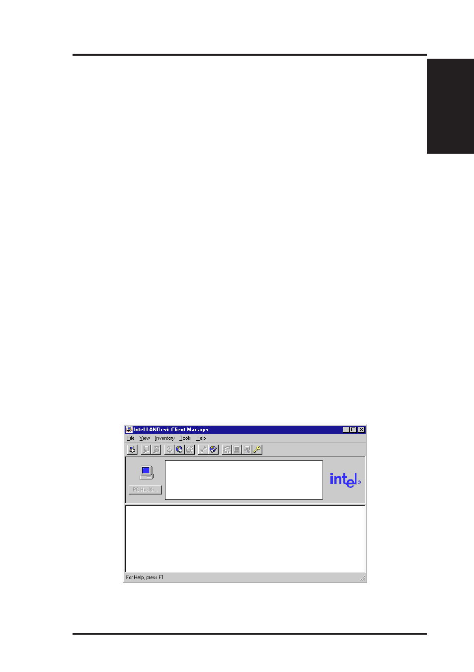 Vi. software reference, Intel landesk client manager, Main client manager window | Asus P2Z User Manual | Page 67 / 88