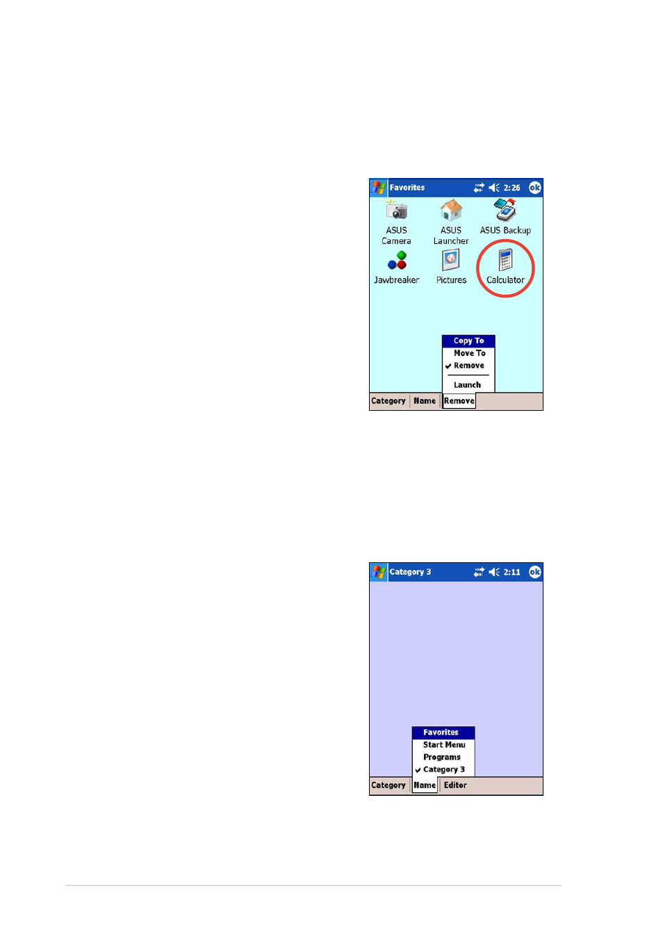 Removing programs in a category, Adding a category | Asus MyPal A730 User Manual | Page 108 / 204