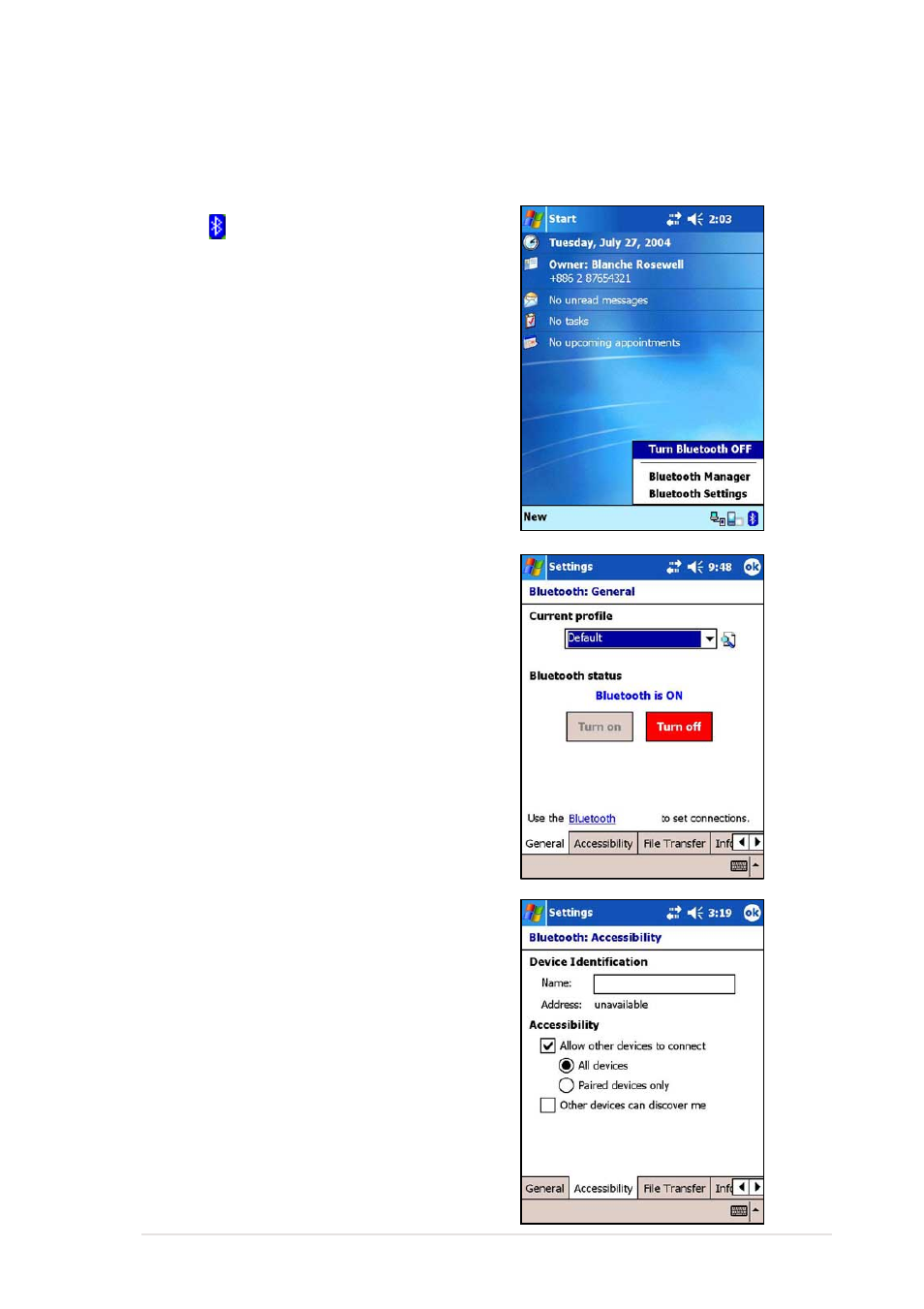 Bluetooth settings, General, Accessibility | Asus MyPal A730 User Manual | Page 185 / 204