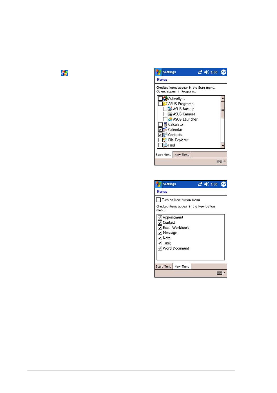 Changing the start menus | Asus MyPal A730 User Manual | Page 40 / 204