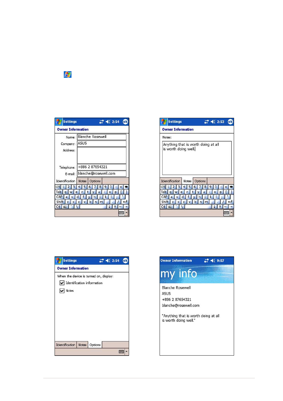 Changing the owner information | Asus MyPal A730 User Manual | Page 41 / 204