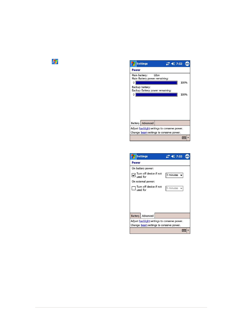 Changing the battery power settings | Asus MyPal A730 User Manual | Page 49 / 204