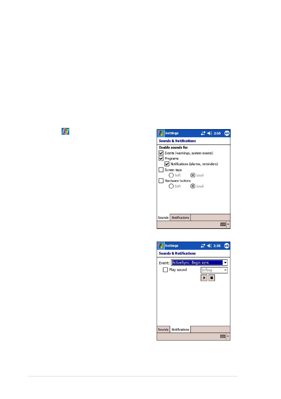 Selecting sounds and notifications | Asus MyPal A730 User Manual | Page 50 / 204