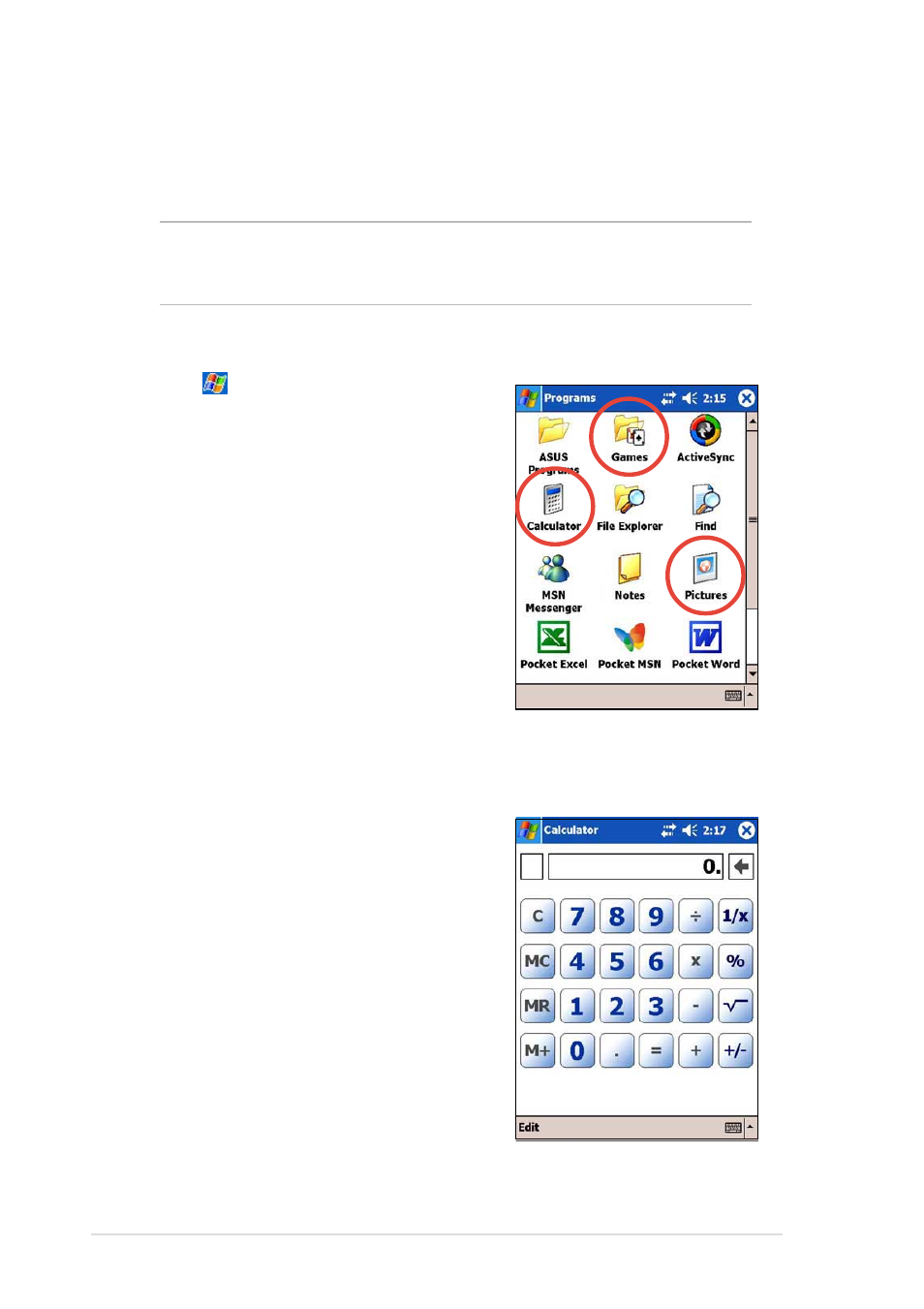 Using simple applications, Calculator | Asus MyPal A730 User Manual | Page 56 / 204