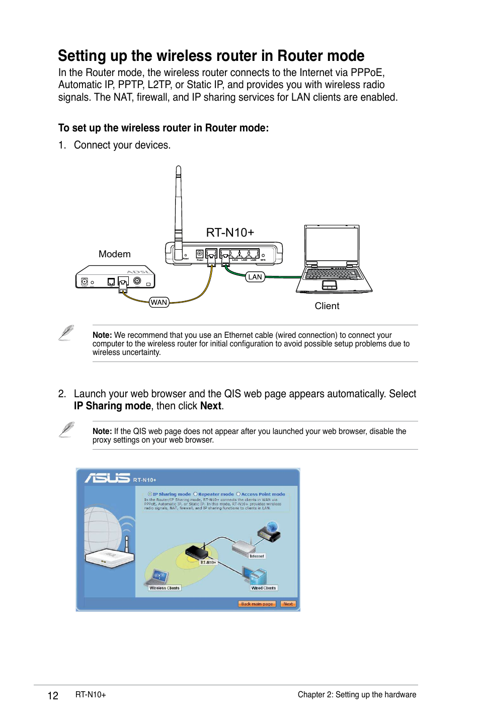 Setting up the wireless router in router mode, Rt-n10 | Asus RT-N10 Plus User Manual | Page 12 / 53