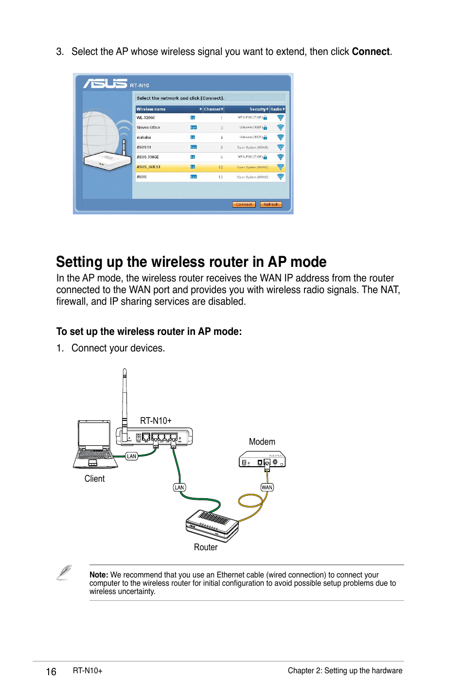 Setting up the wireless router in ap mode | Asus RT-N10 Plus User Manual | Page 16 / 53