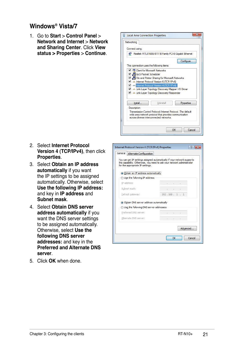 Windows, Vista/7 | Asus RT-N10 Plus User Manual | Page 21 / 53