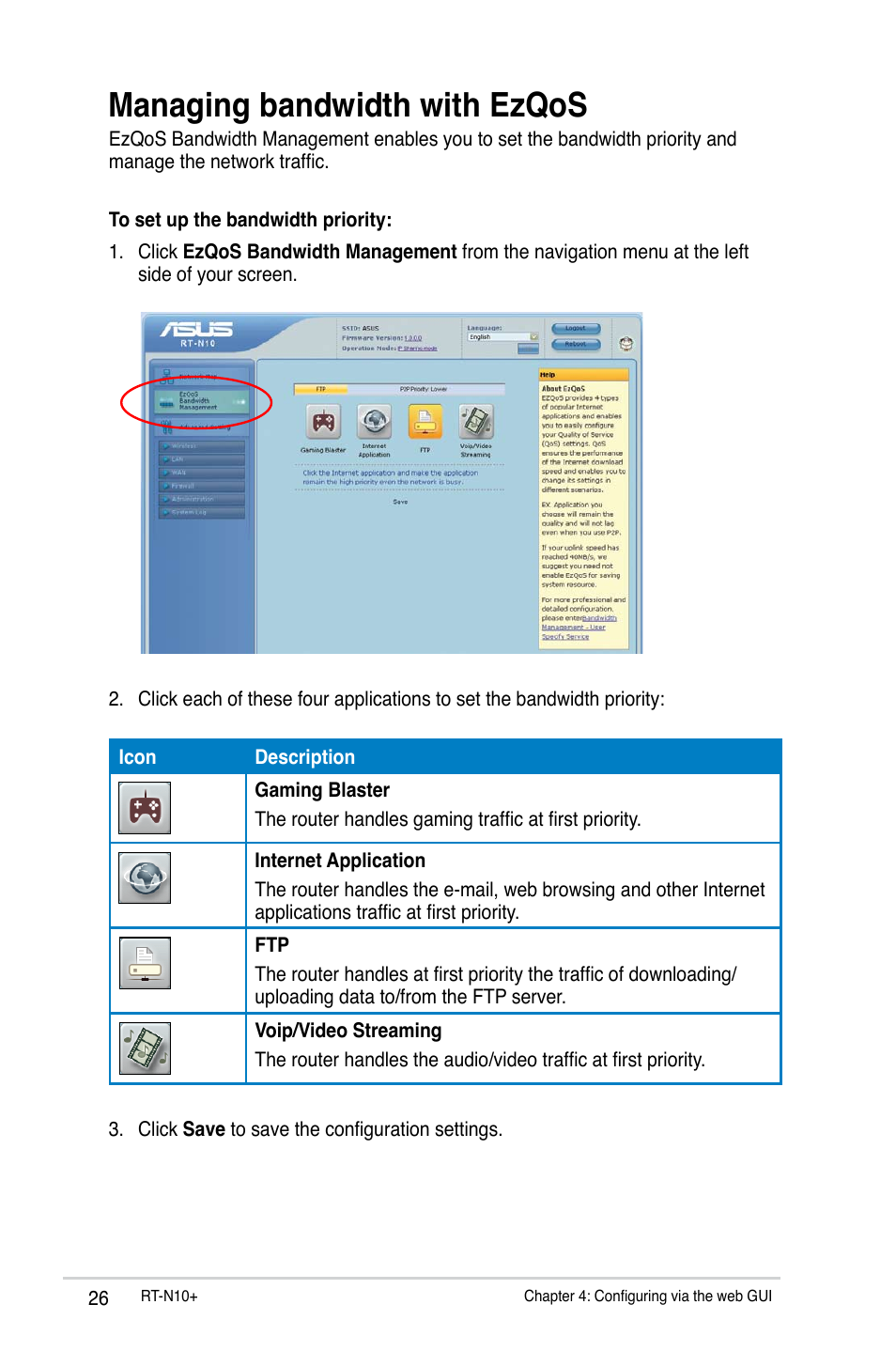 Managing bandwidth with ezqos | Asus RT-N10 Plus User Manual | Page 26 / 53