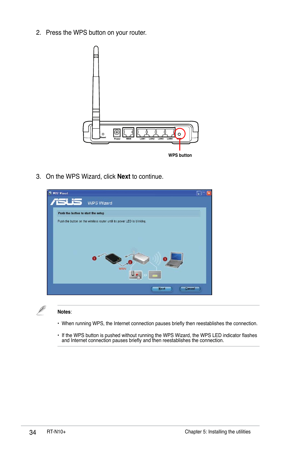 Press the wps button on your router, On the wps wizard, click next to continue | Asus RT-N10 Plus User Manual | Page 34 / 53