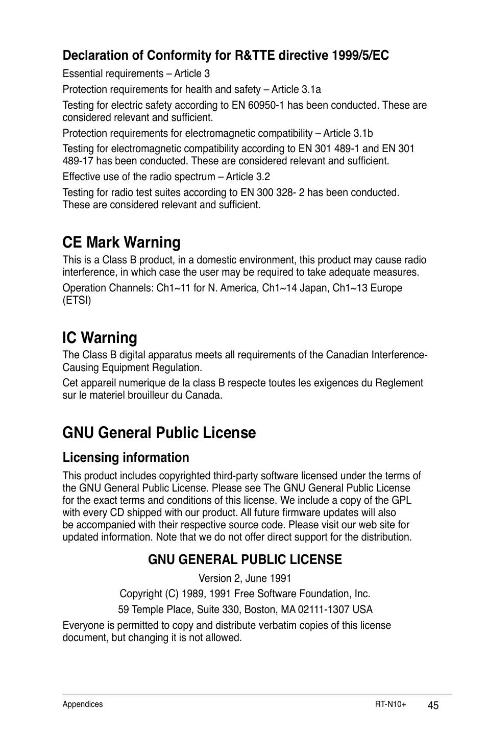 Ce mark warning, Ic warning, Gnu general public license | Licensing information | Asus RT-N10 Plus User Manual | Page 45 / 53