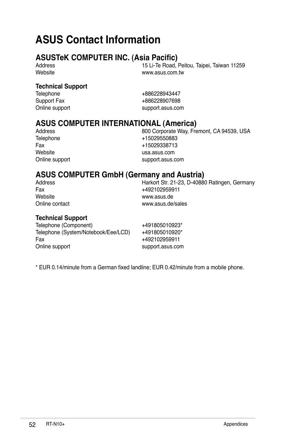 Asus contact information, Asustek computer inc. (asia pacific), Asus computer international (america) | Asus computer gmbh (germany and austria) | Asus RT-N10 Plus User Manual | Page 52 / 53