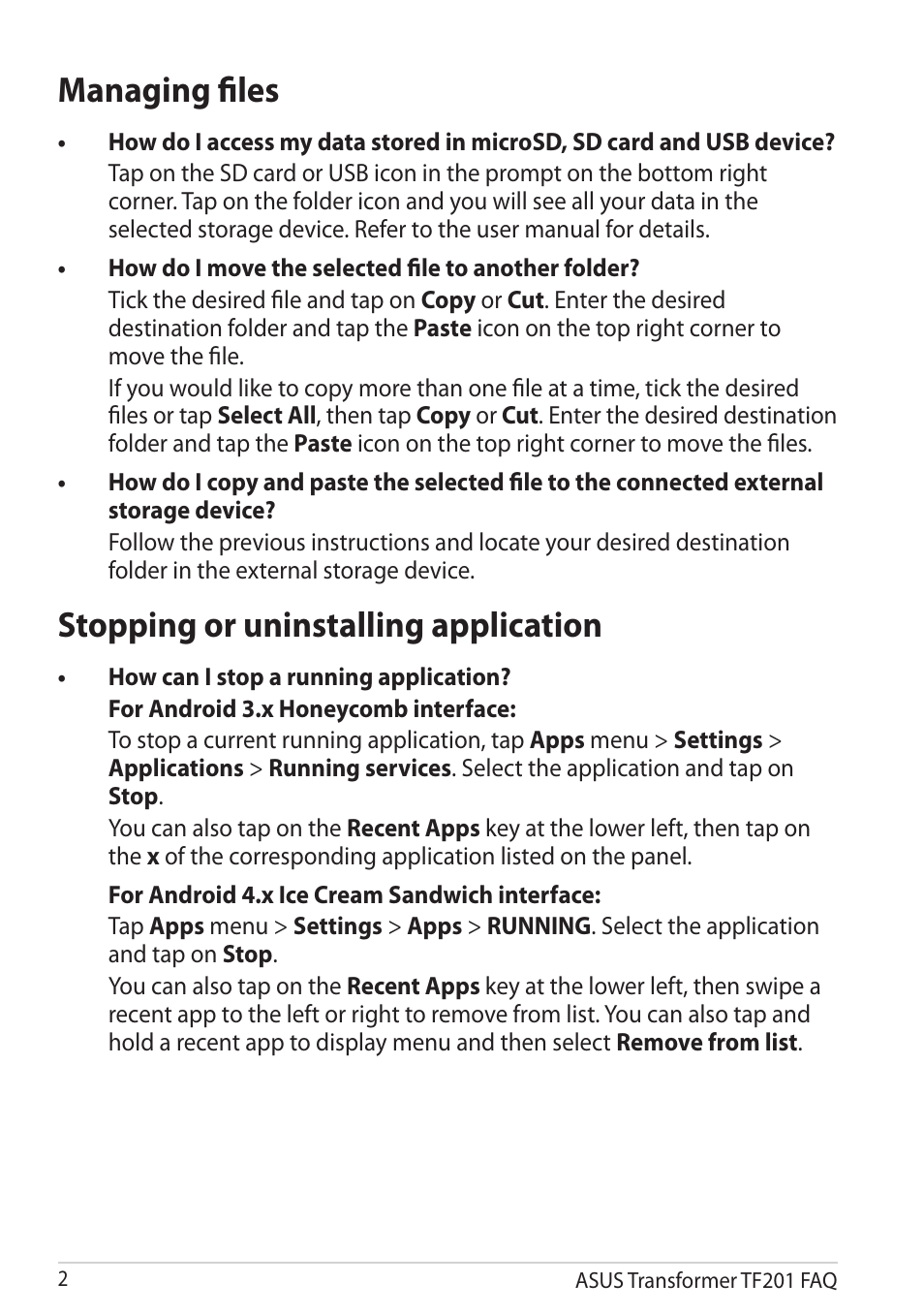 Managing files, How do i move the selected file to another folder, Stopping or uninstalling application | How can i stop a running application, External storage device | Asus Eee Pad Transformer Prime TF201 User Manual | Page 2 / 6