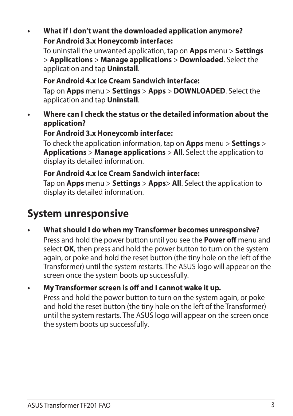 System unresponsive, The application | Asus Eee Pad Transformer Prime TF201 User Manual | Page 3 / 6