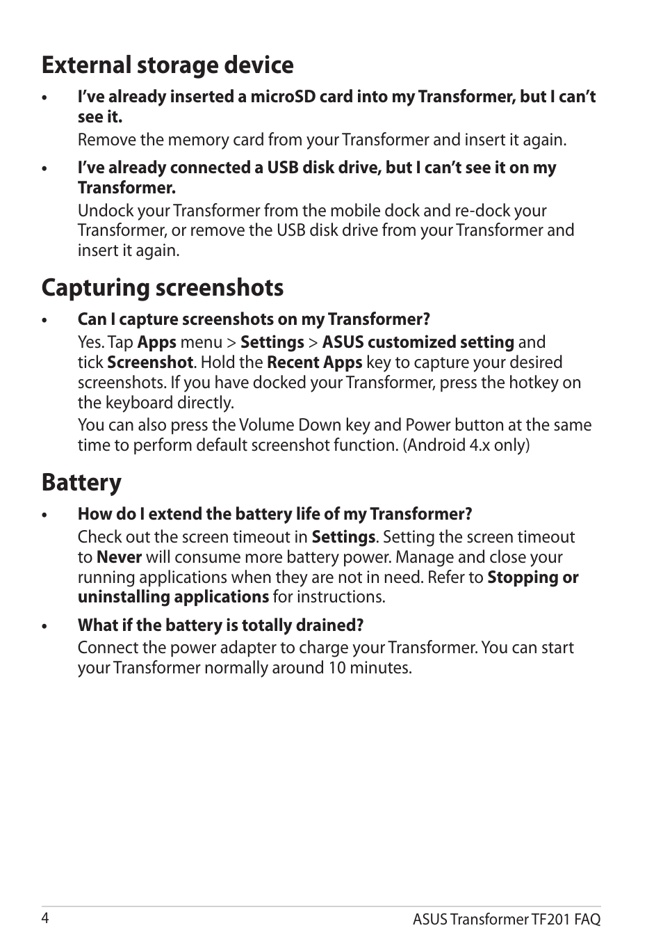External storage device, Capturing screenshots, Can i capture screenshots on my transformer | Battery, How do i extend the battery life of my transformer, What if the battery is totally drained, My transformer | Asus Eee Pad Transformer Prime TF201 User Manual | Page 4 / 6