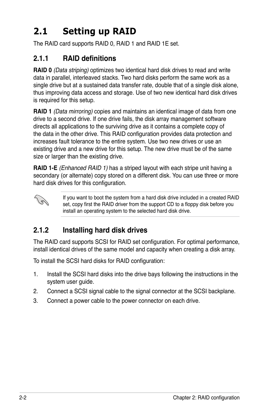 1 setting up raid, 1 raid definitions, 2 installing hard disk drives | Asus PXL-S30R User Manual | Page 14 / 40