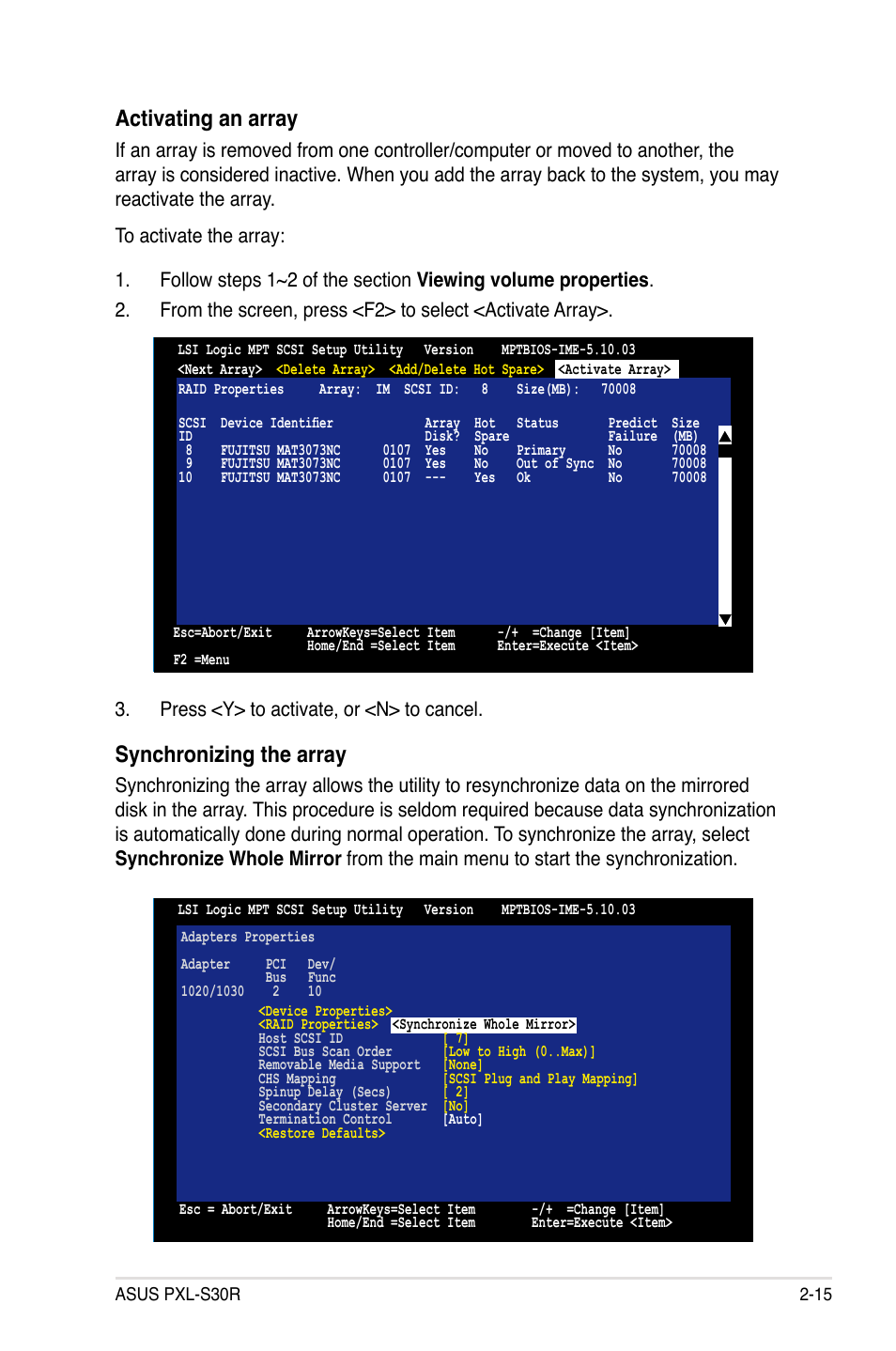 Activating an array, Synchronizing the array | Asus PXL-S30R User Manual | Page 27 / 40