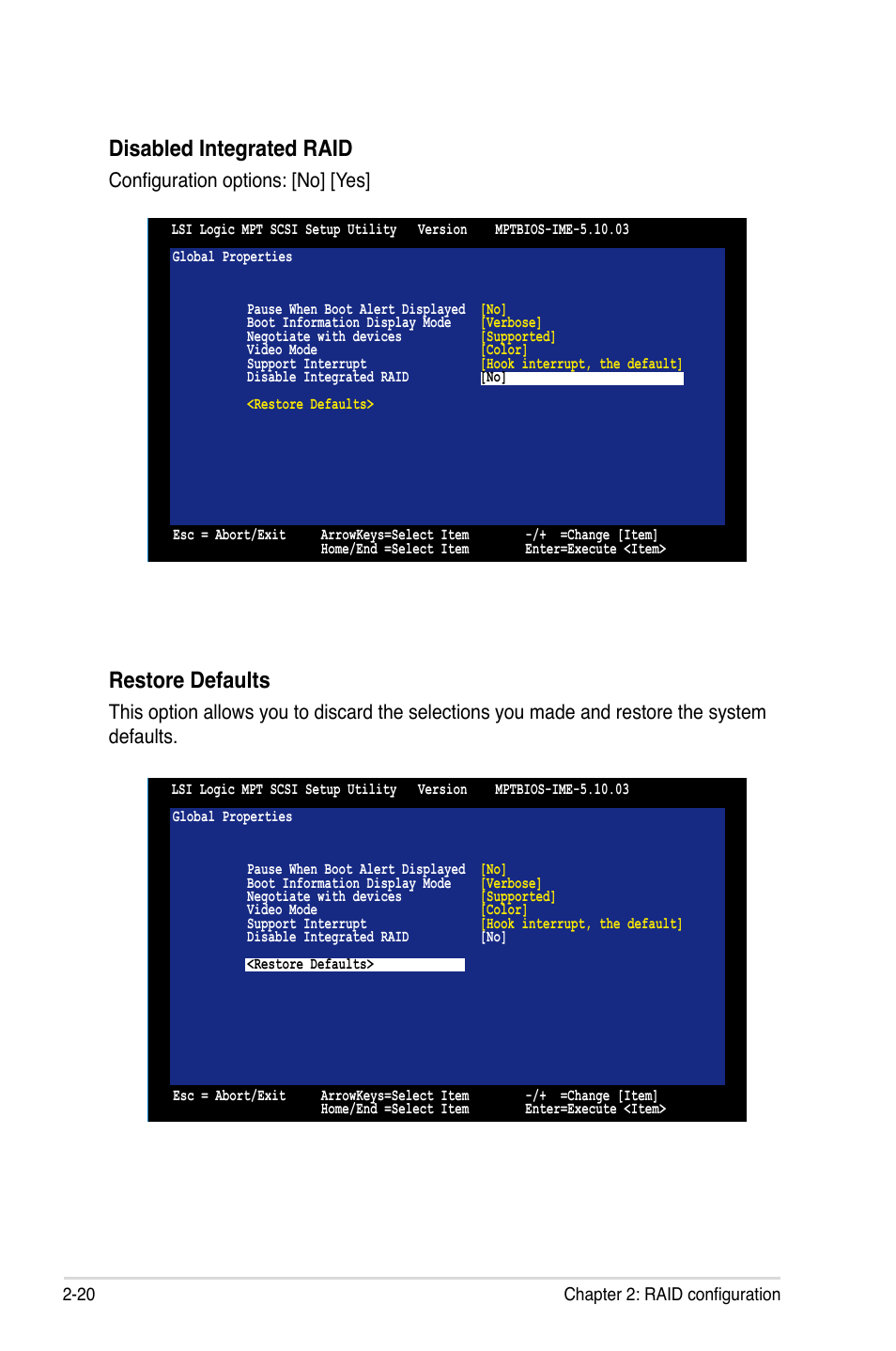 Disabled integrated raid, Restore defaults | Asus PXL-S30R User Manual | Page 32 / 40