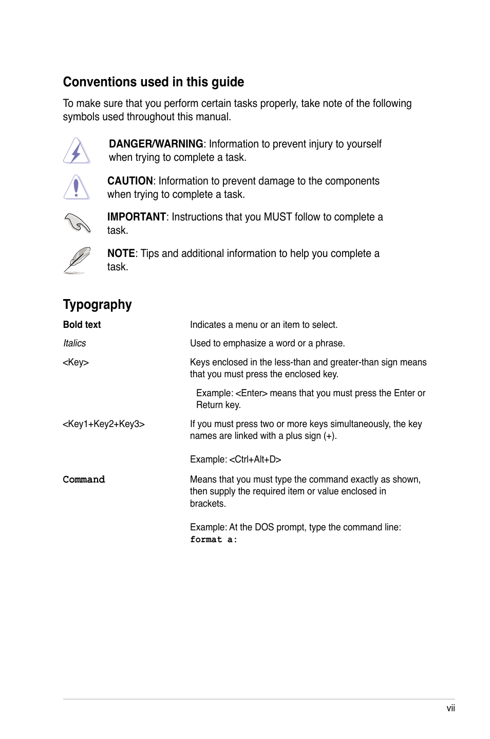 Typography, Conventions used in this guide | Asus PXL-S30R User Manual | Page 7 / 40