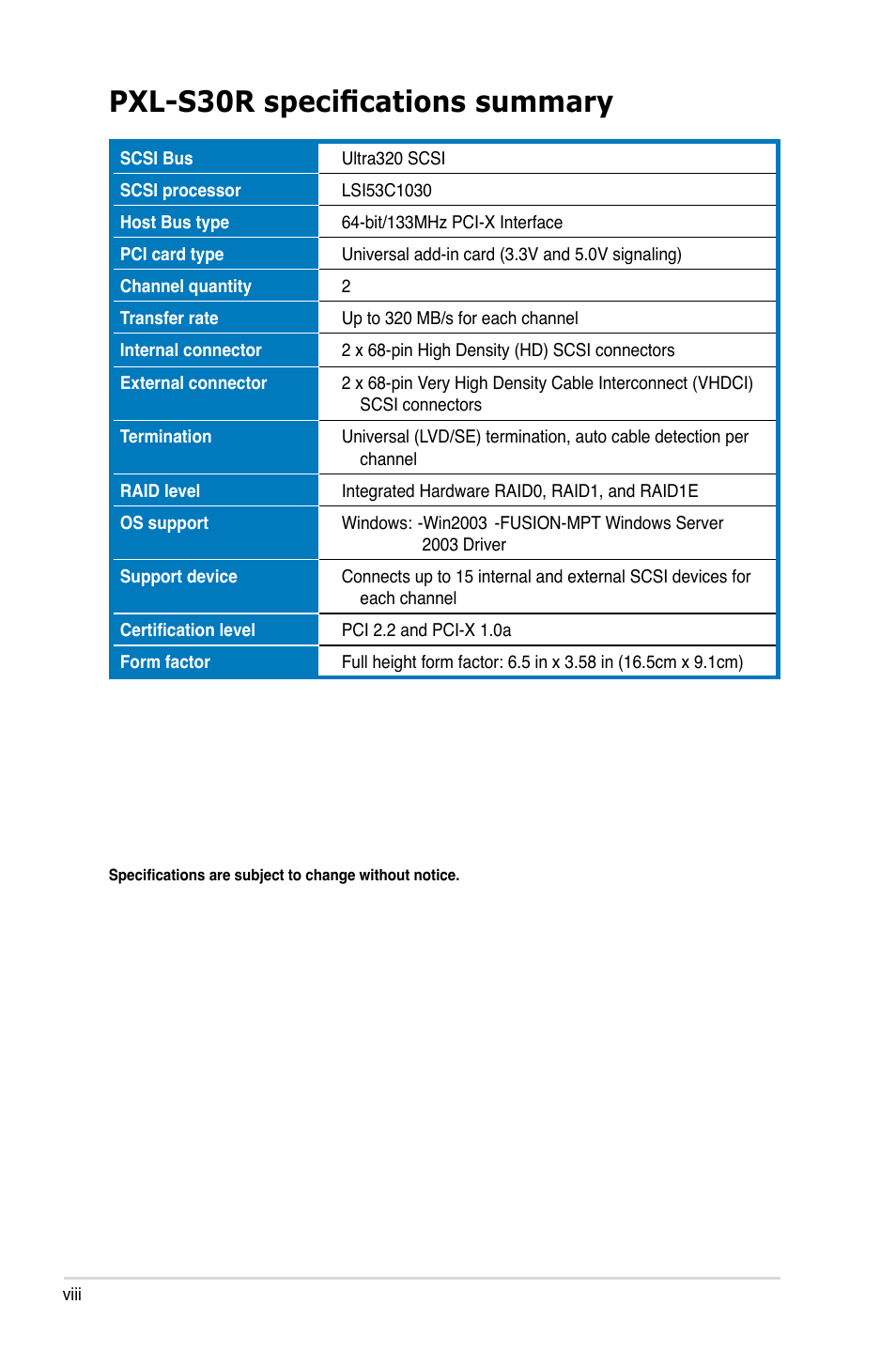 Pxl-s30r specifications summary | Asus PXL-S30R User Manual | Page 8 / 40